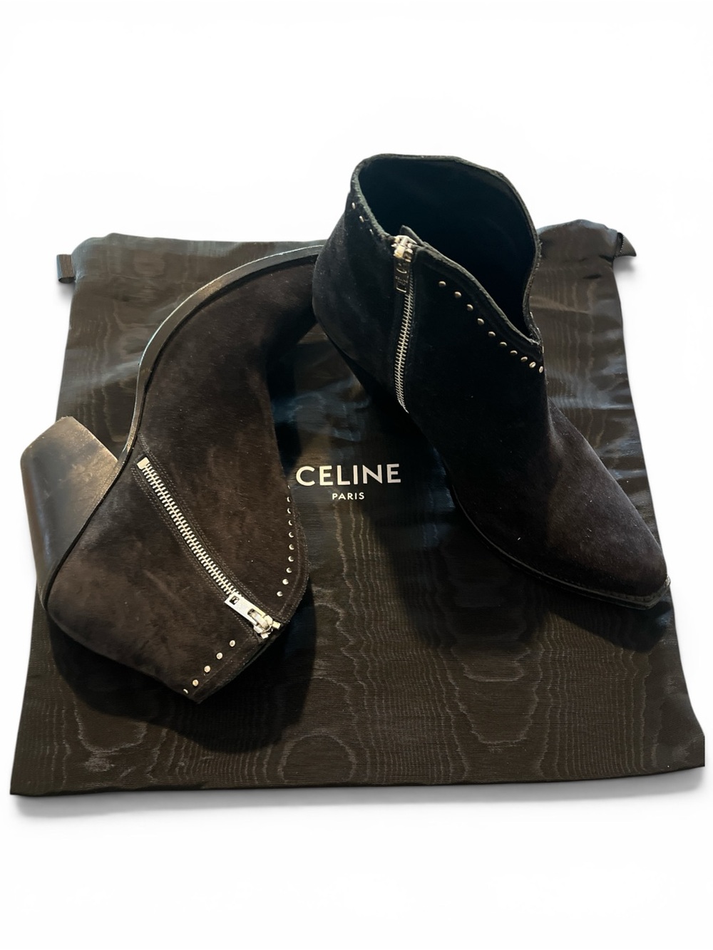 Celine Black Suede Pointed Ankle Booties with Side Zip & Studs size 39/9
